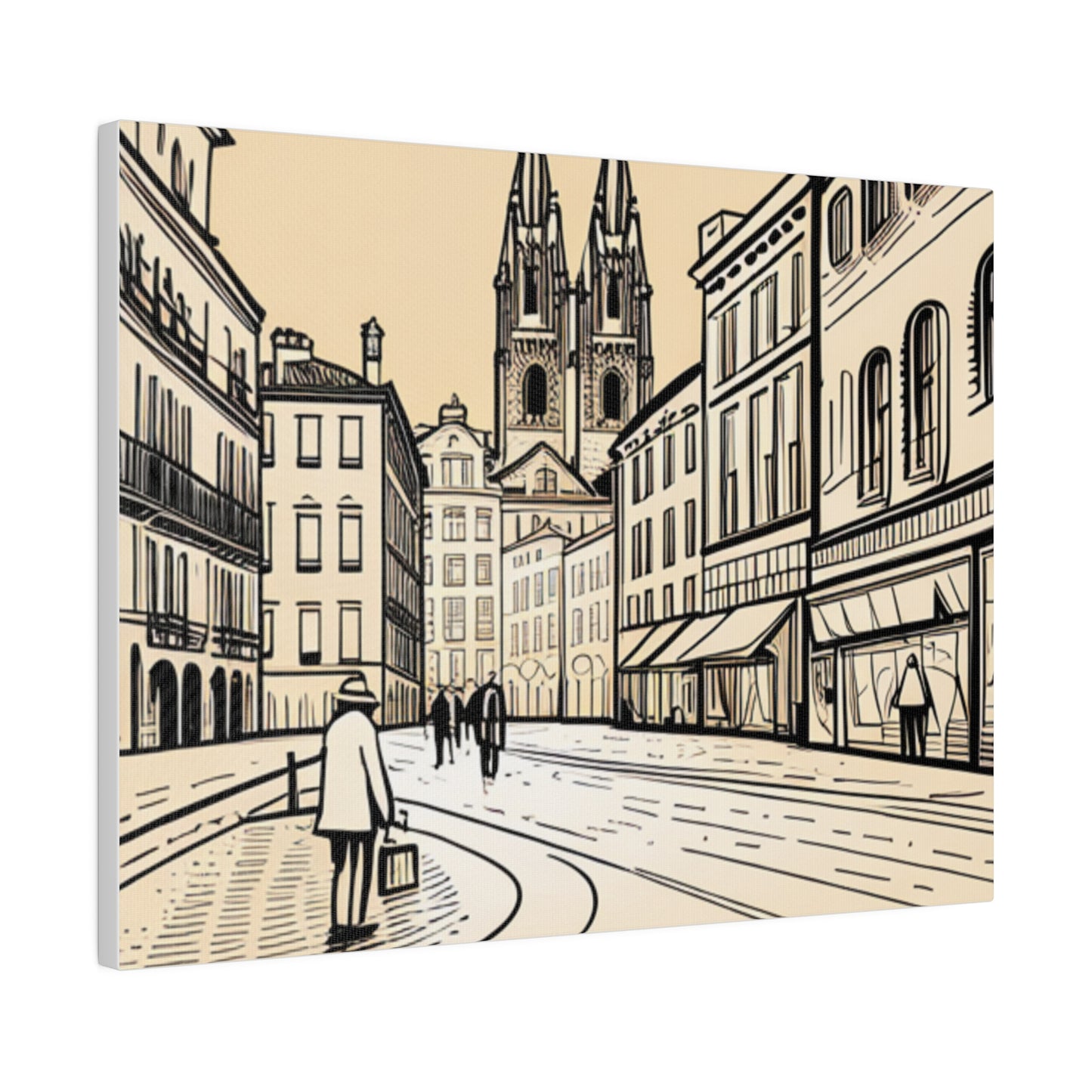 Cobblestone Echoes: Matte Canvas Stretched Print of a European City Center