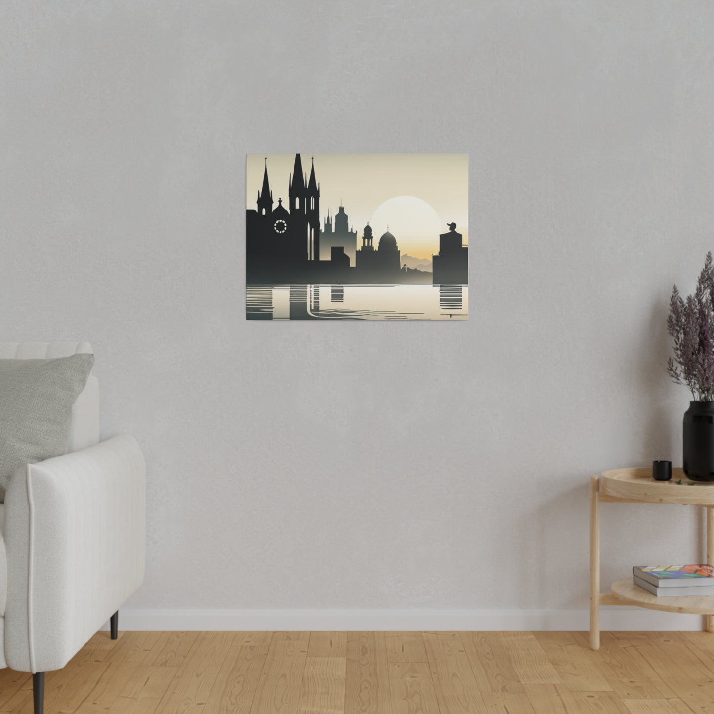 Riverside Reflections Urban Skyline on Matte Canvas