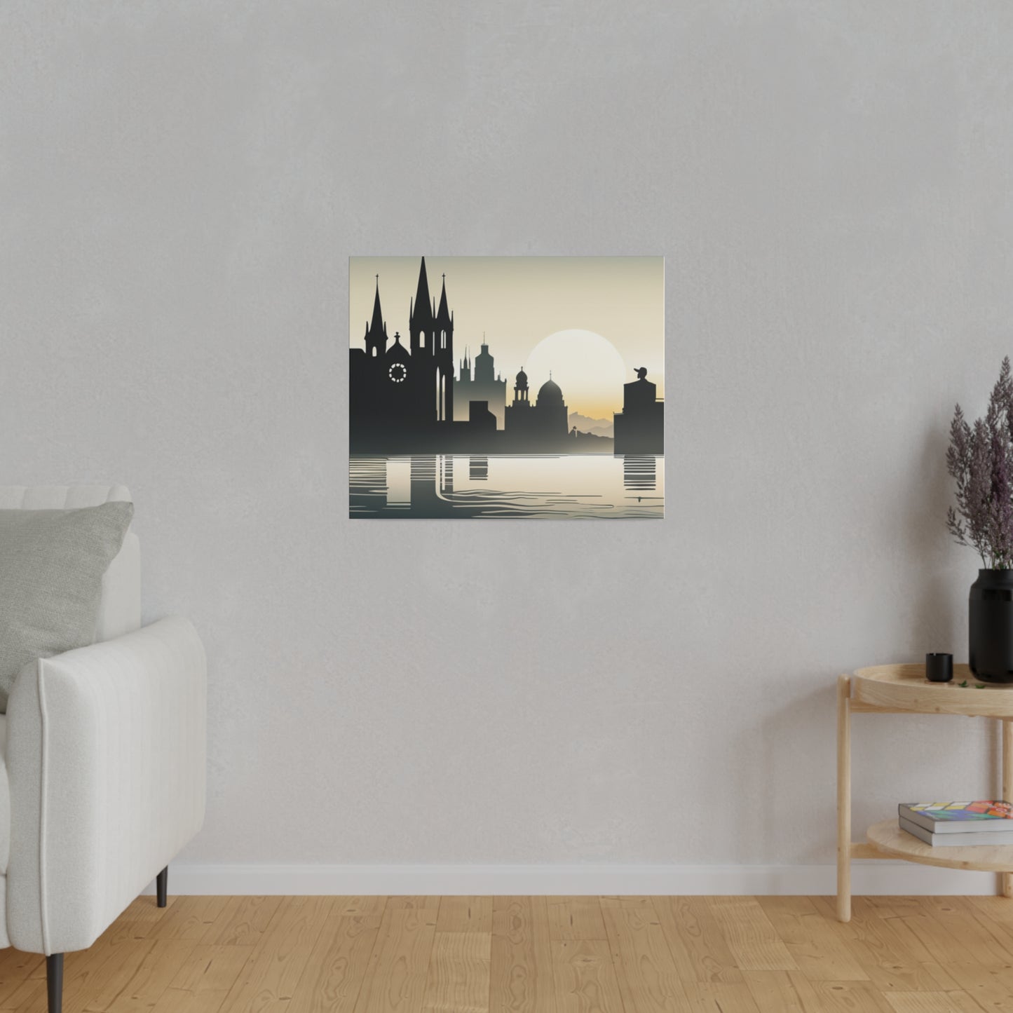 Riverside Reflections Urban Skyline on Matte Canvas