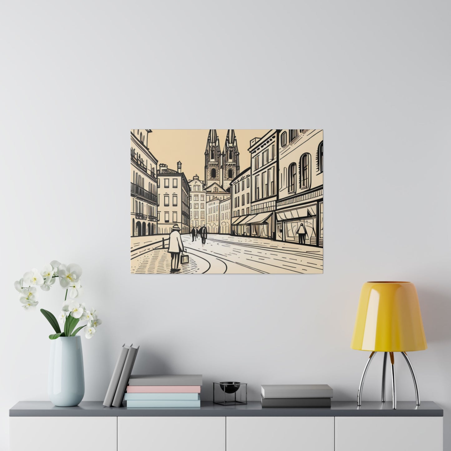 Cobblestone Echoes: Matte Canvas Stretched Print of a European City Center