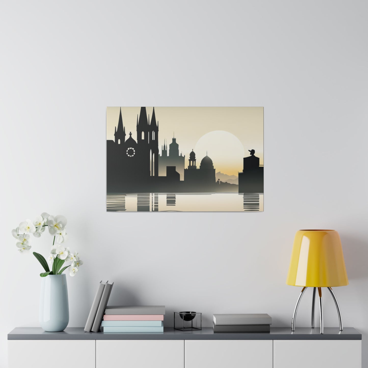 Riverside Reflections Urban Skyline on Matte Canvas