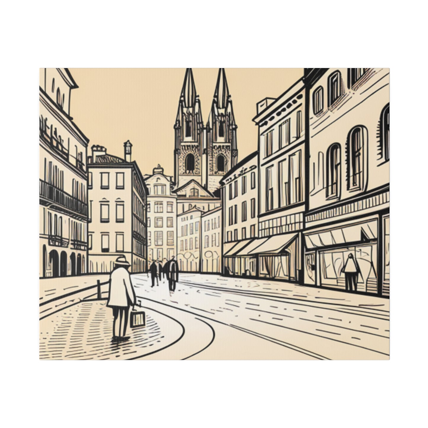 Cobblestone Echoes: Matte Canvas Stretched Print of a European City Center