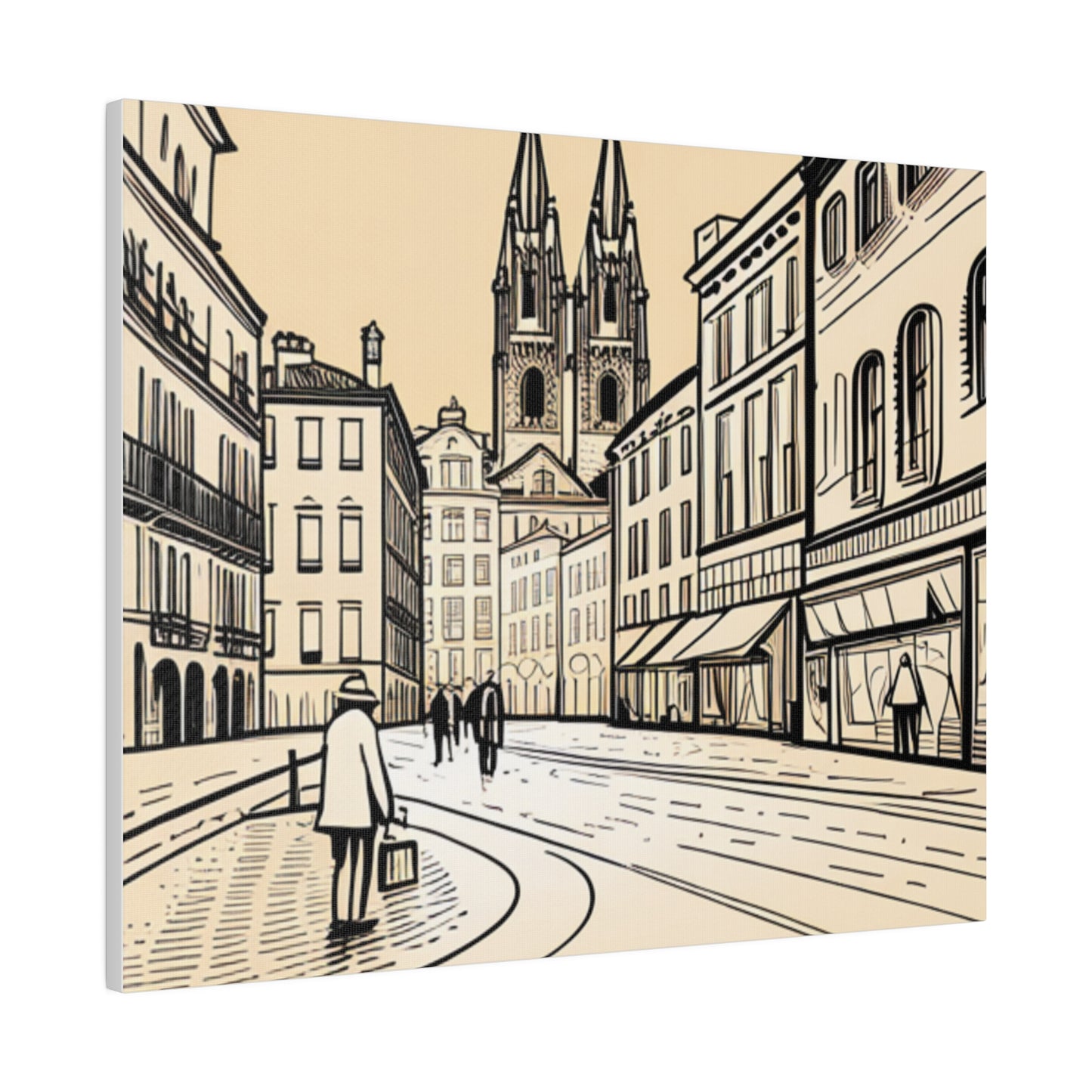 Cobblestone Echoes: Matte Canvas Stretched Print of a European City Center