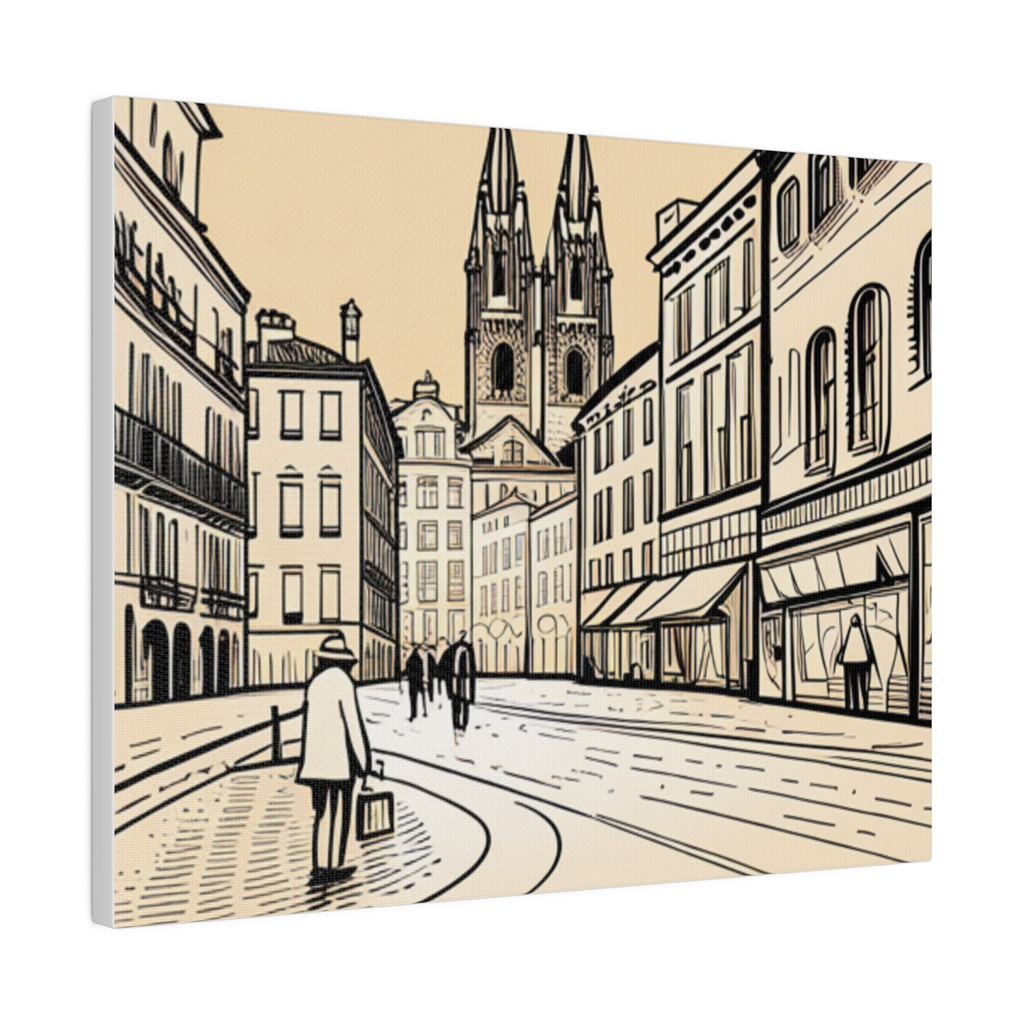 Cobblestone Echoes: Matte Canvas Stretched Print of a European City Center