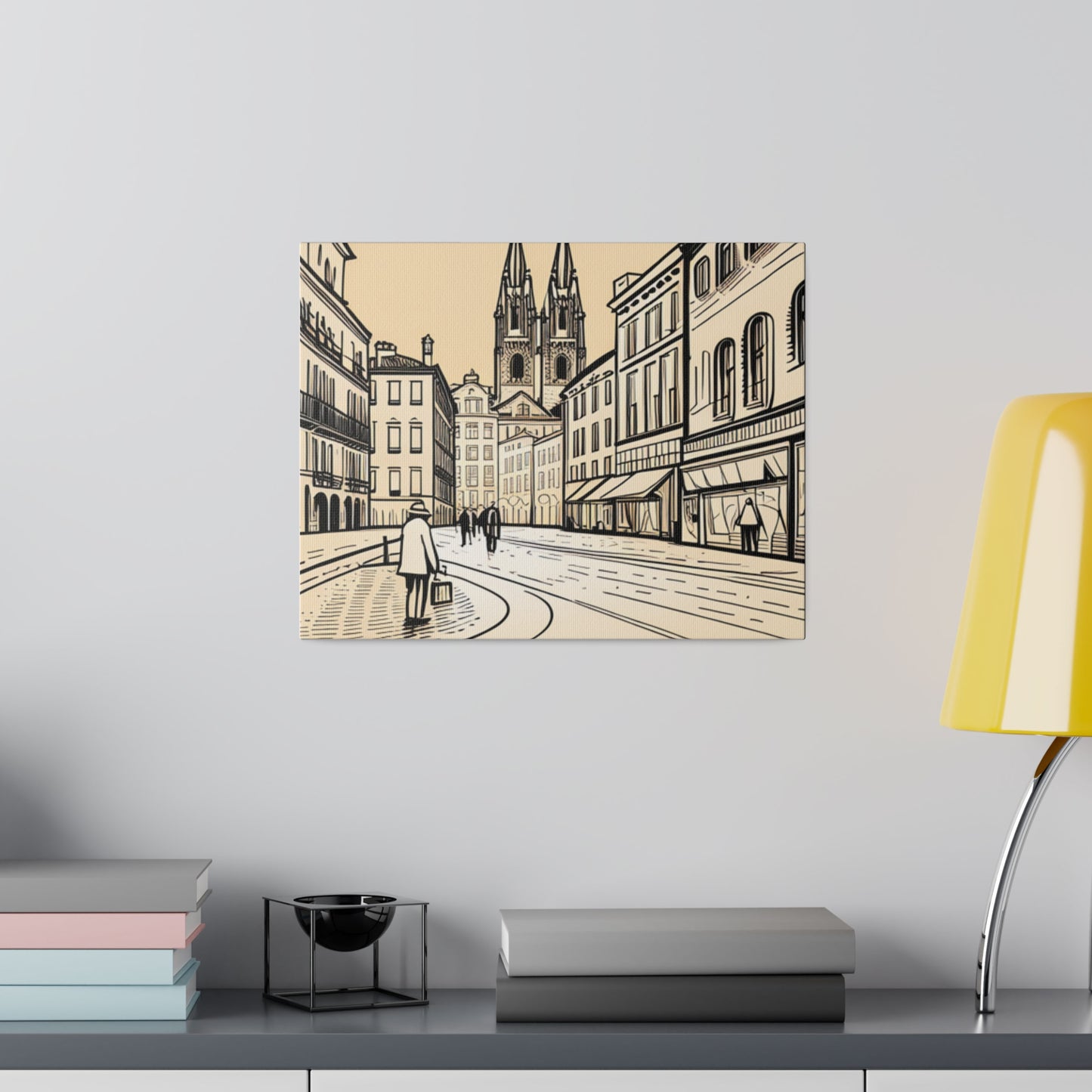 Cobblestone Echoes: Matte Canvas Stretched Print of a European City Center