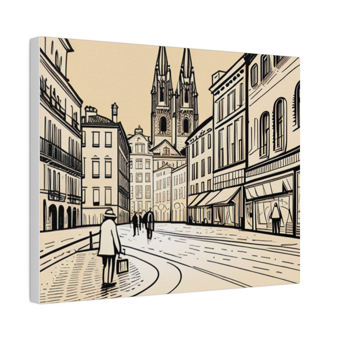 Cobblestone Echoes: Matte Canvas Stretched Print of a European City Center