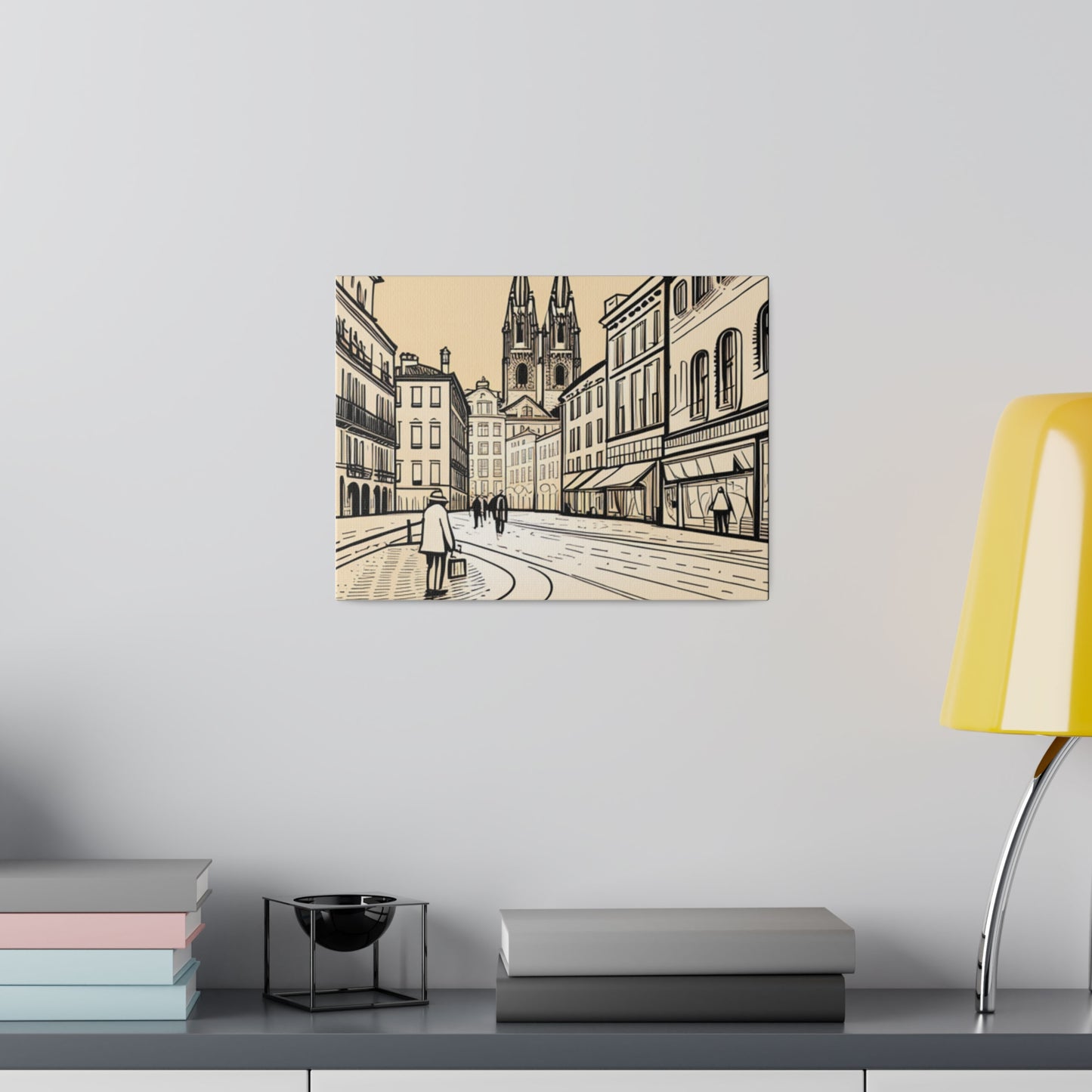 Cobblestone Echoes: Matte Canvas Stretched Print of a European City Center