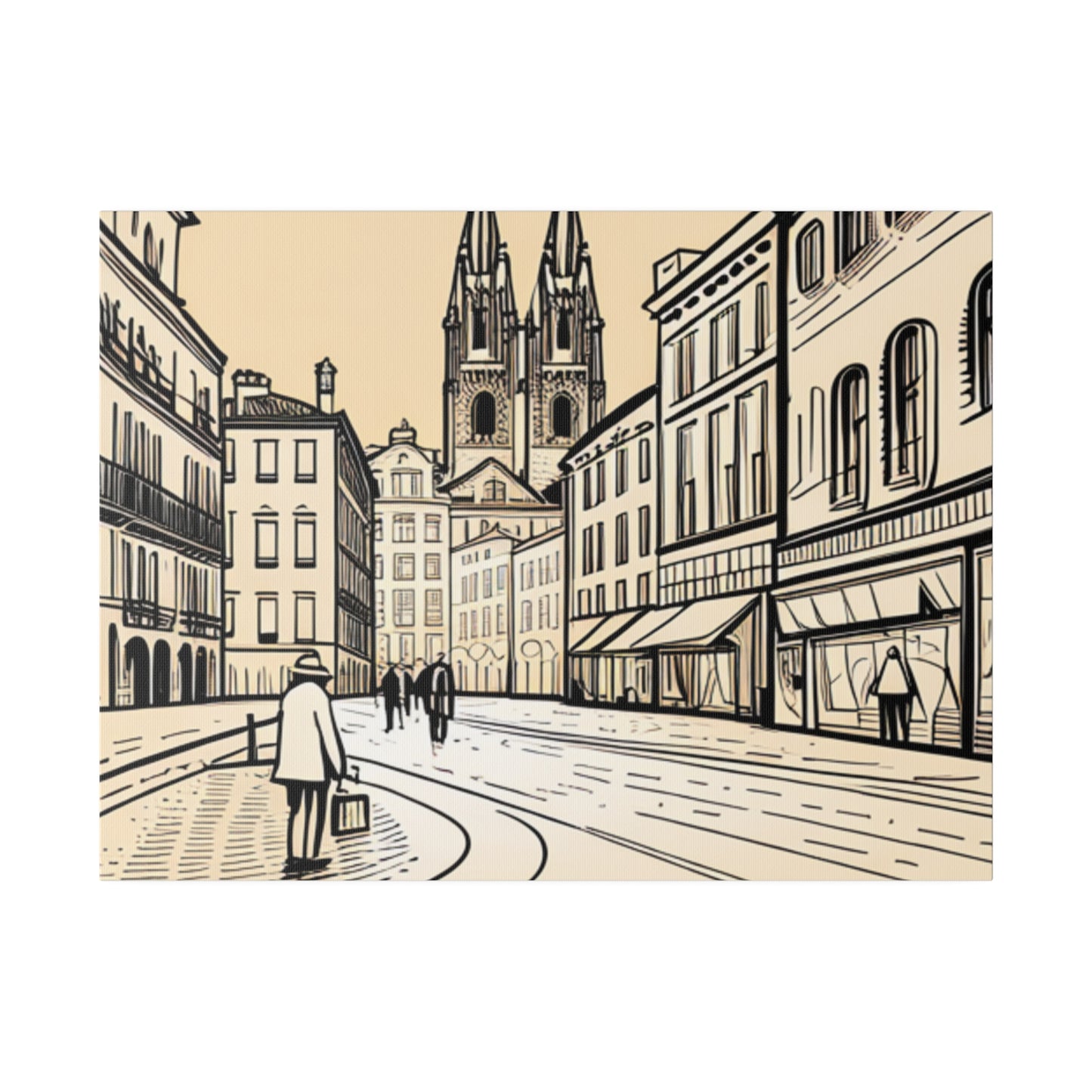 Cobblestone Echoes: Matte Canvas Stretched Print of a European City Center