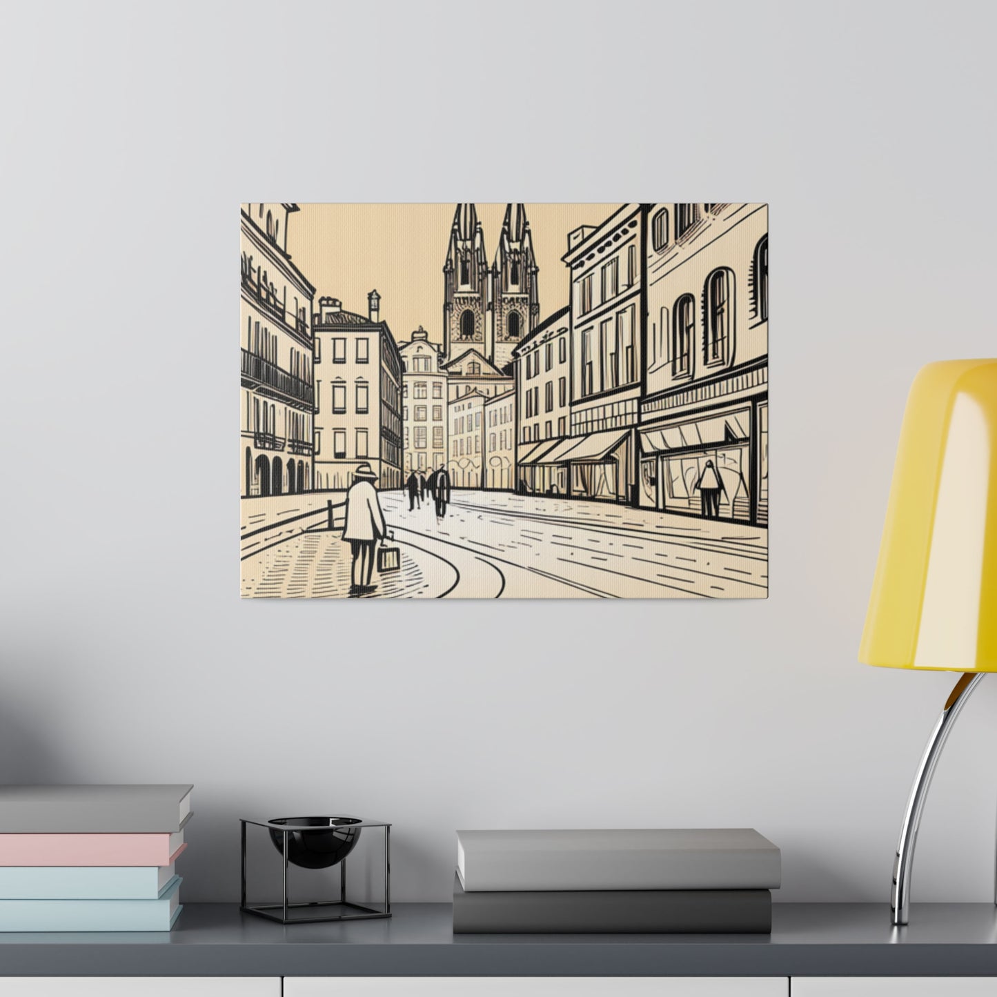 Cobblestone Echoes: Matte Canvas Stretched Print of a European City Center