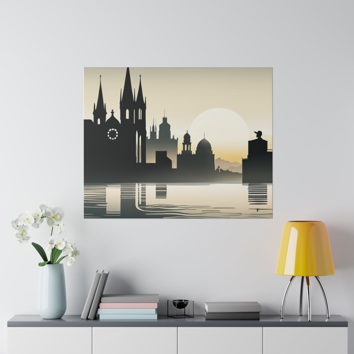 Riverside Reflections Urban Skyline on Matte Canvas