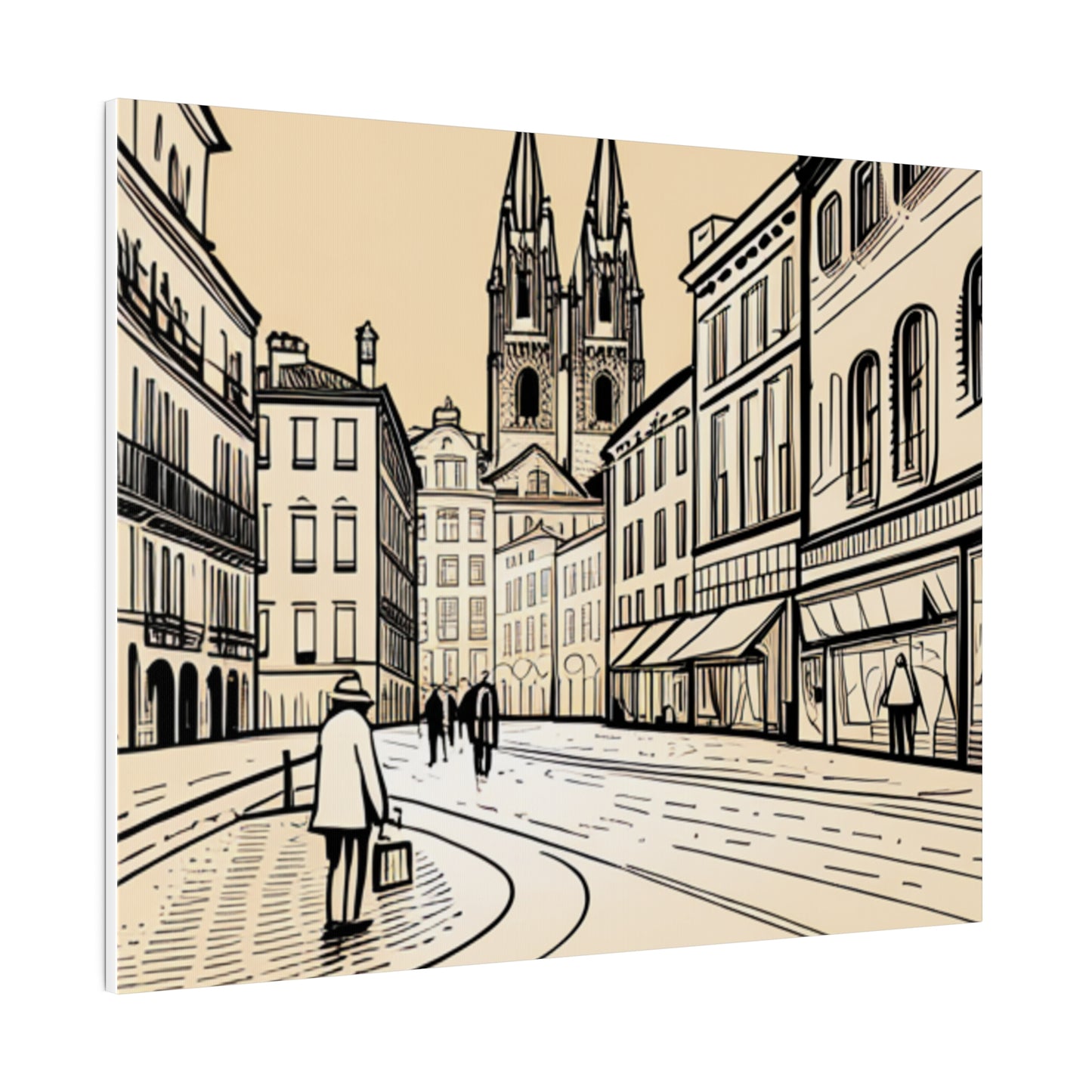 Cobblestone Echoes: Matte Canvas Stretched Print of a European City Center