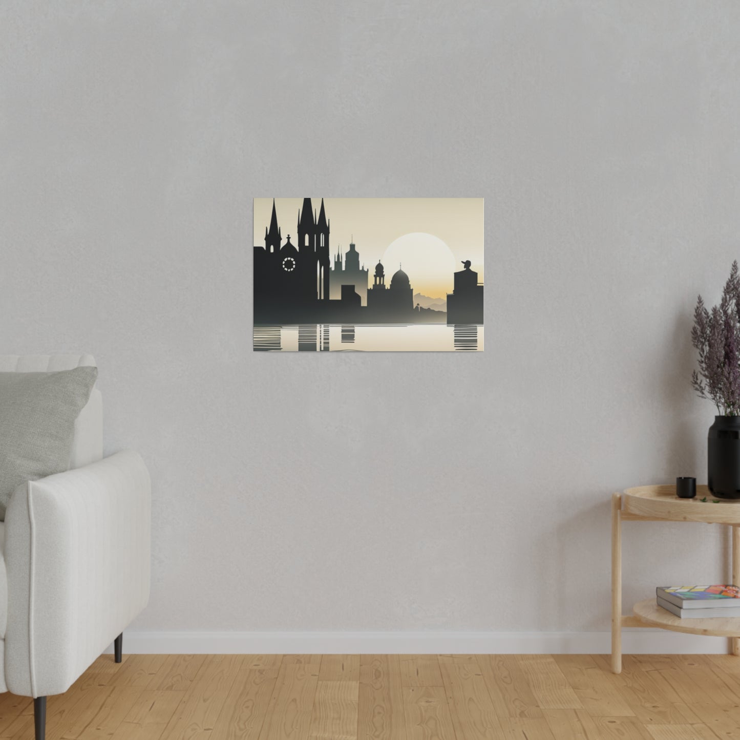 Riverside Reflections Urban Skyline on Matte Canvas