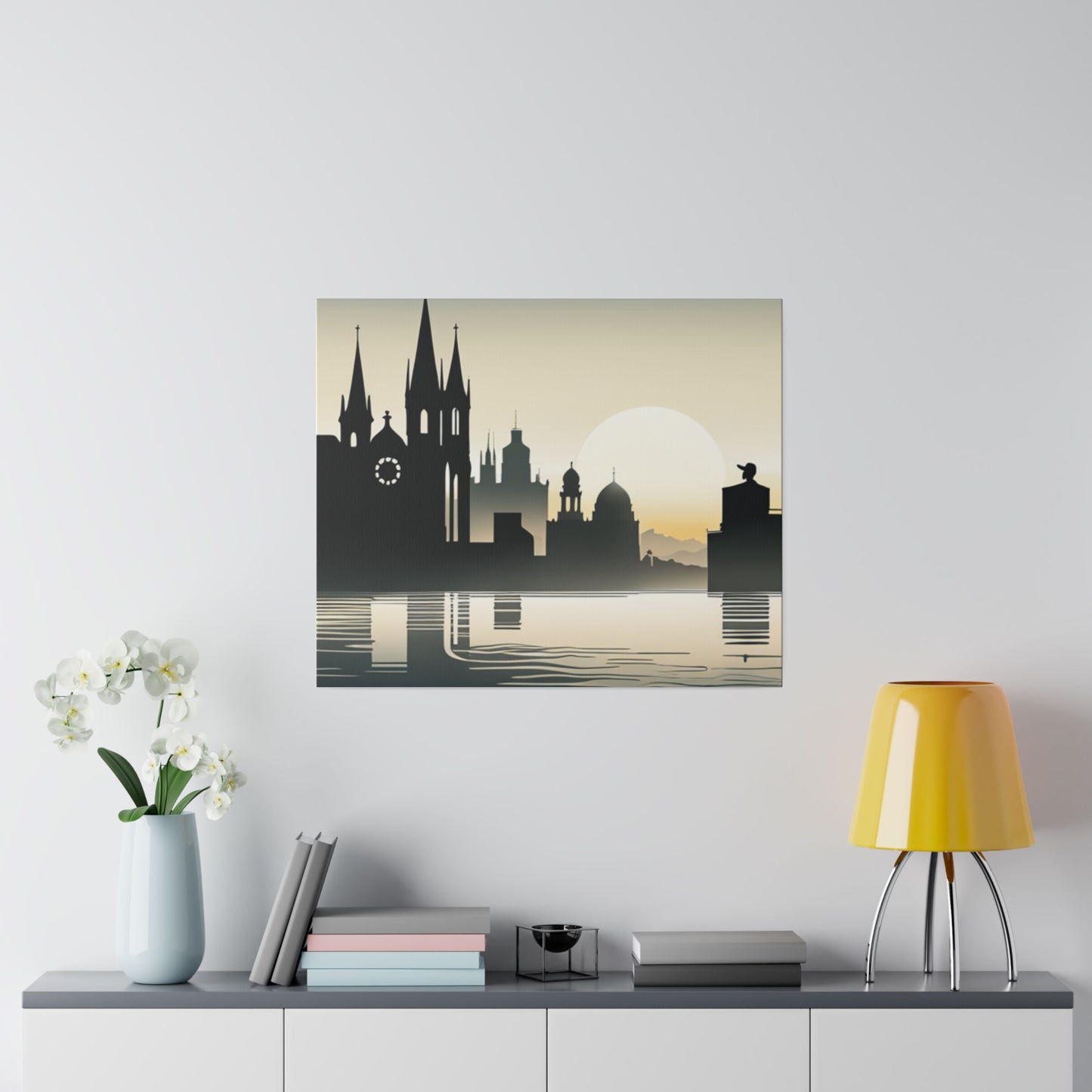 Riverside Reflections Urban Skyline on Matte Canvas