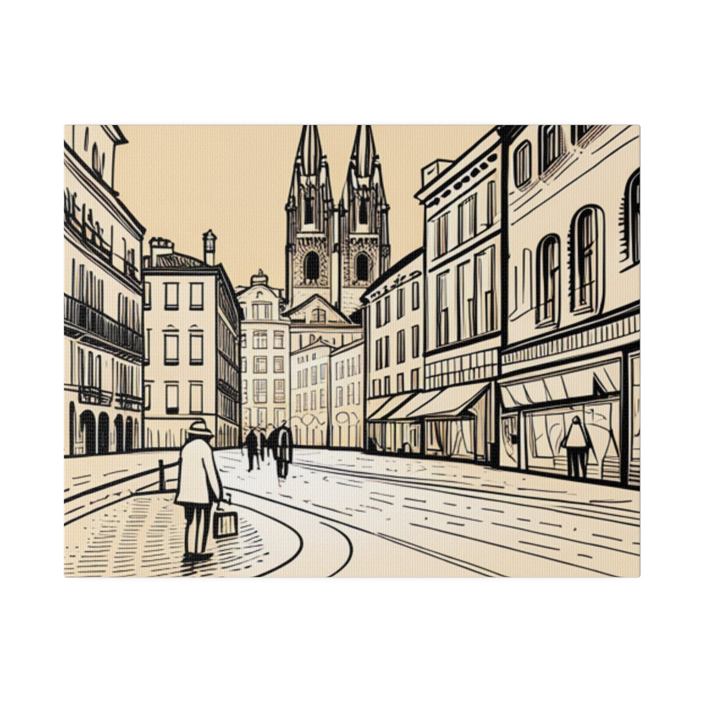 Cobblestone Echoes: Matte Canvas Stretched Print of a European City Center