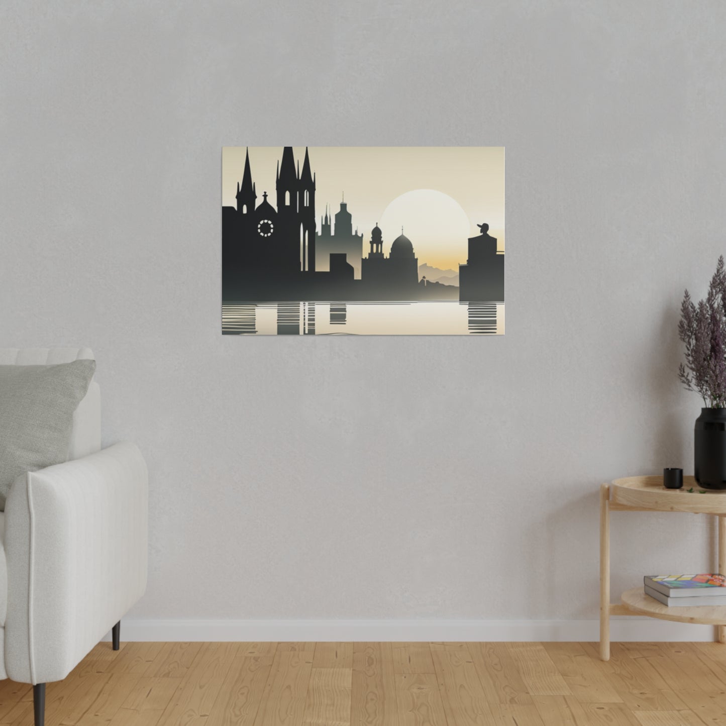 Riverside Reflections Urban Skyline on Matte Canvas