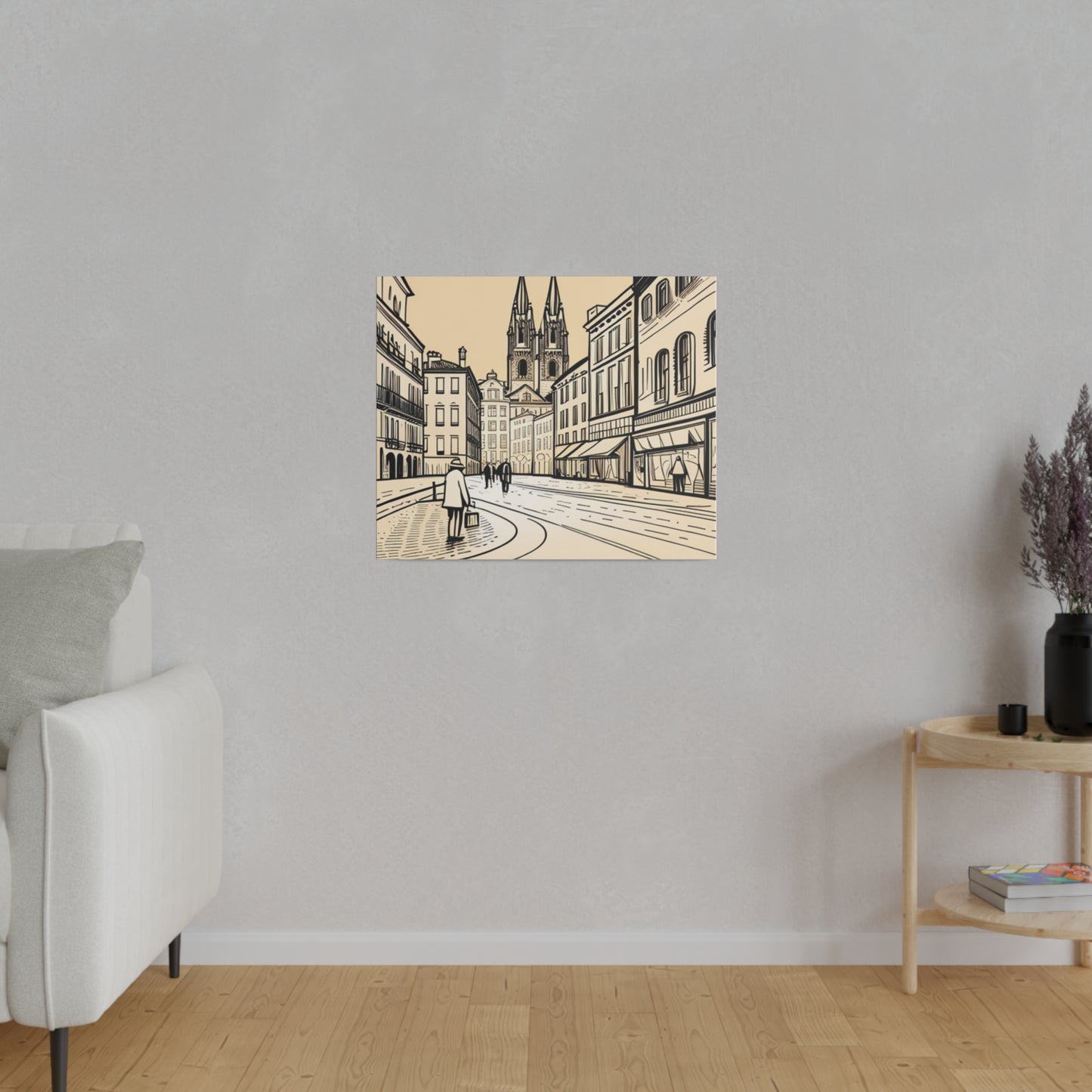 Cobblestone Echoes: Matte Canvas Stretched Print of a European City Center