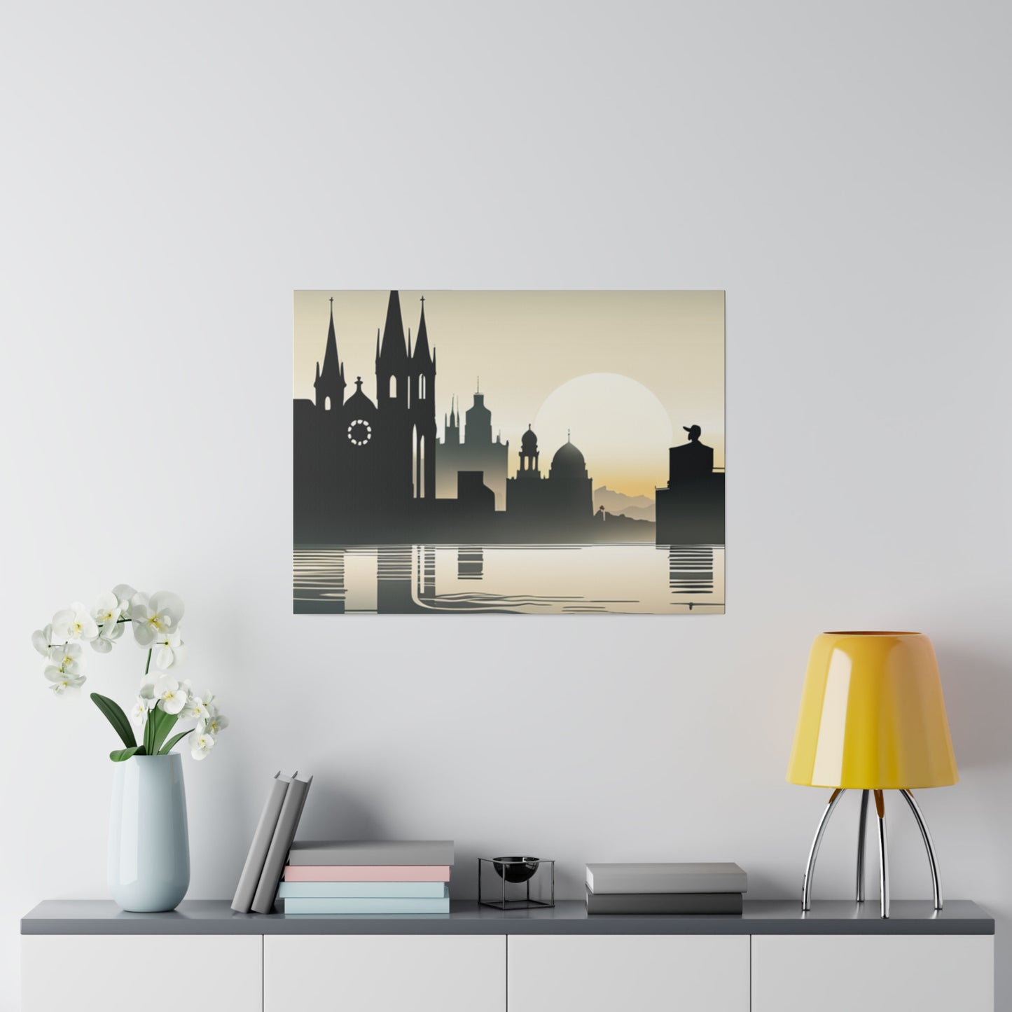 Riverside Reflections Urban Skyline on Matte Canvas