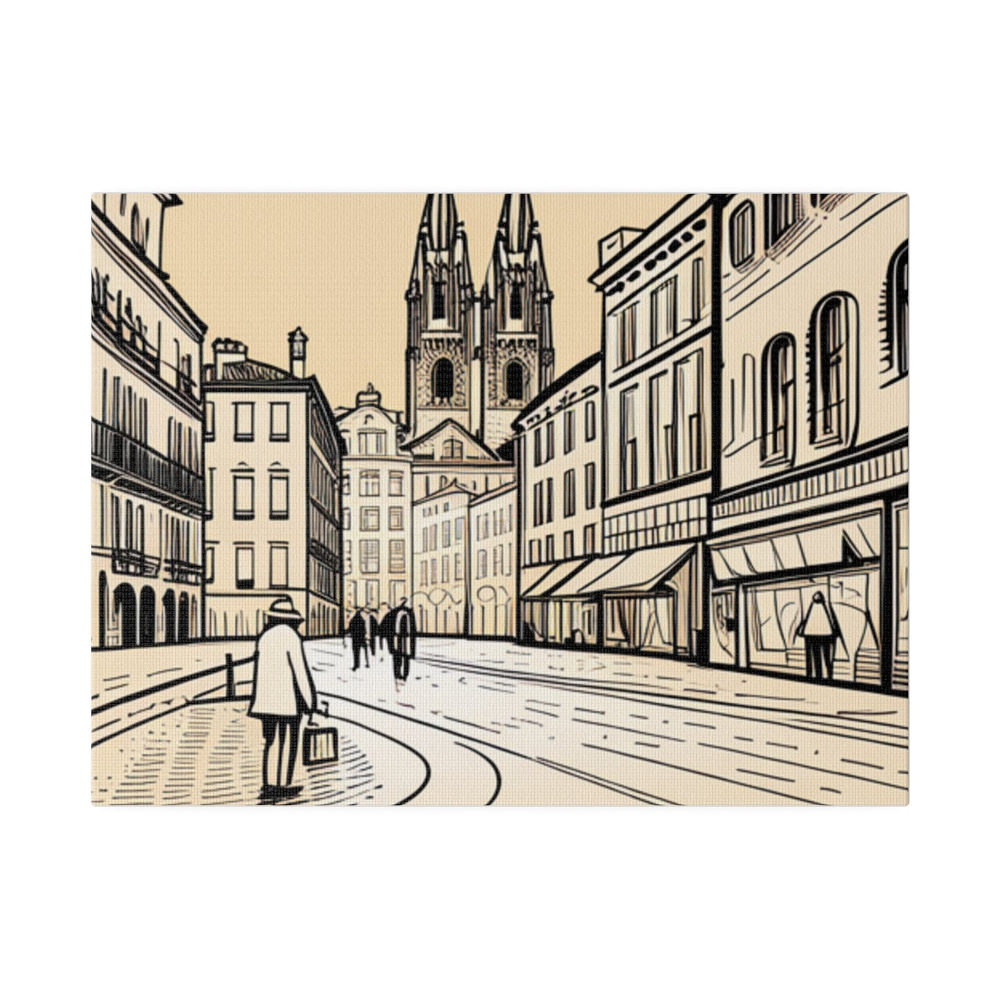 Cobblestone Echoes: Matte Canvas Stretched Print of a European City Center