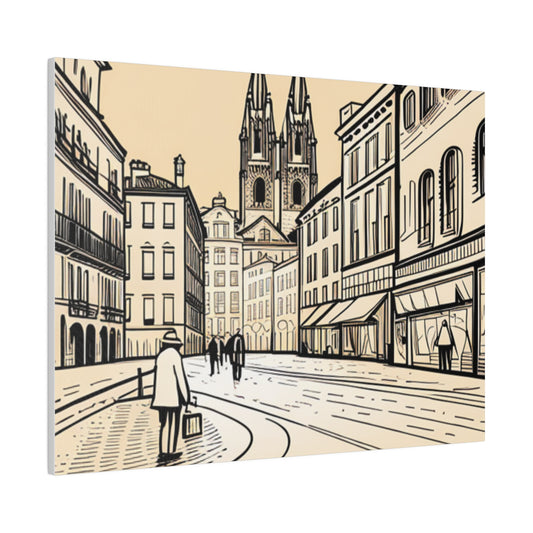 Cobblestone Echoes: Matte Canvas Stretched Print of a European City Center