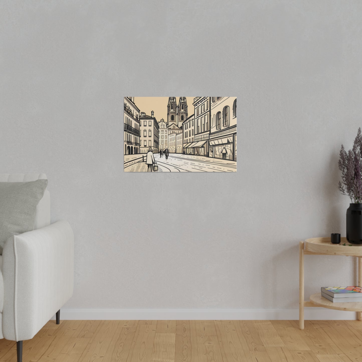 Cobblestone Echoes: Matte Canvas Stretched Print of a European City Center