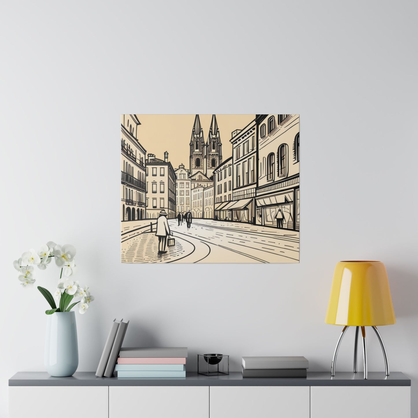 Cobblestone Echoes: Matte Canvas Stretched Print of a European City Center