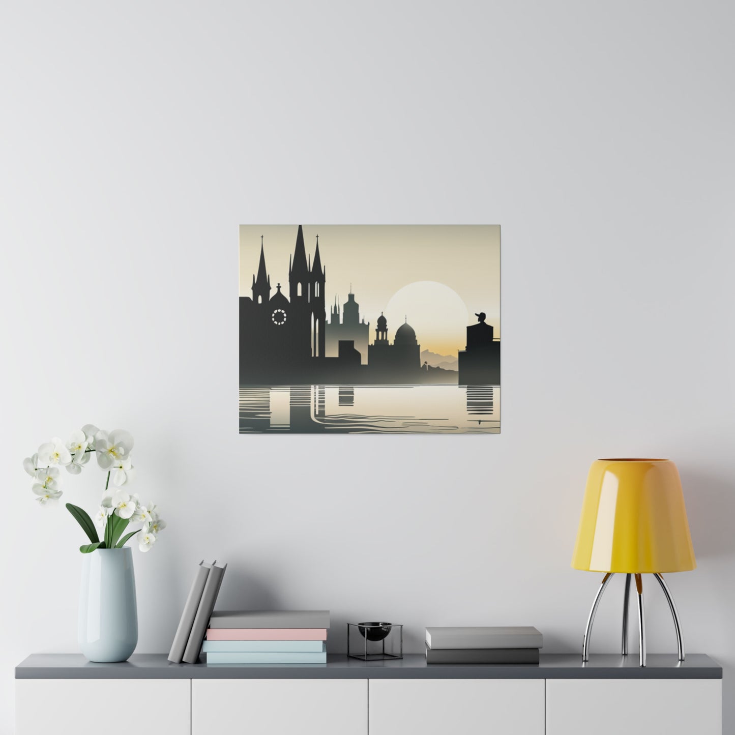 Riverside Reflections Urban Skyline on Matte Canvas