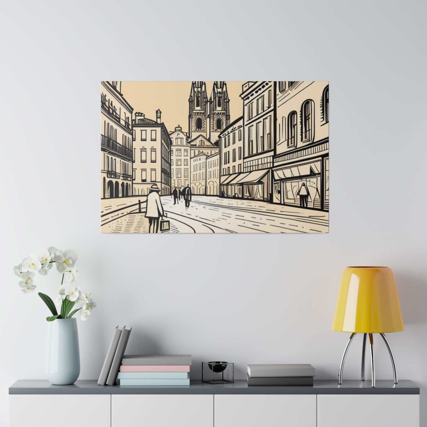 Cobblestone Echoes: Matte Canvas Stretched Print of a European City Center