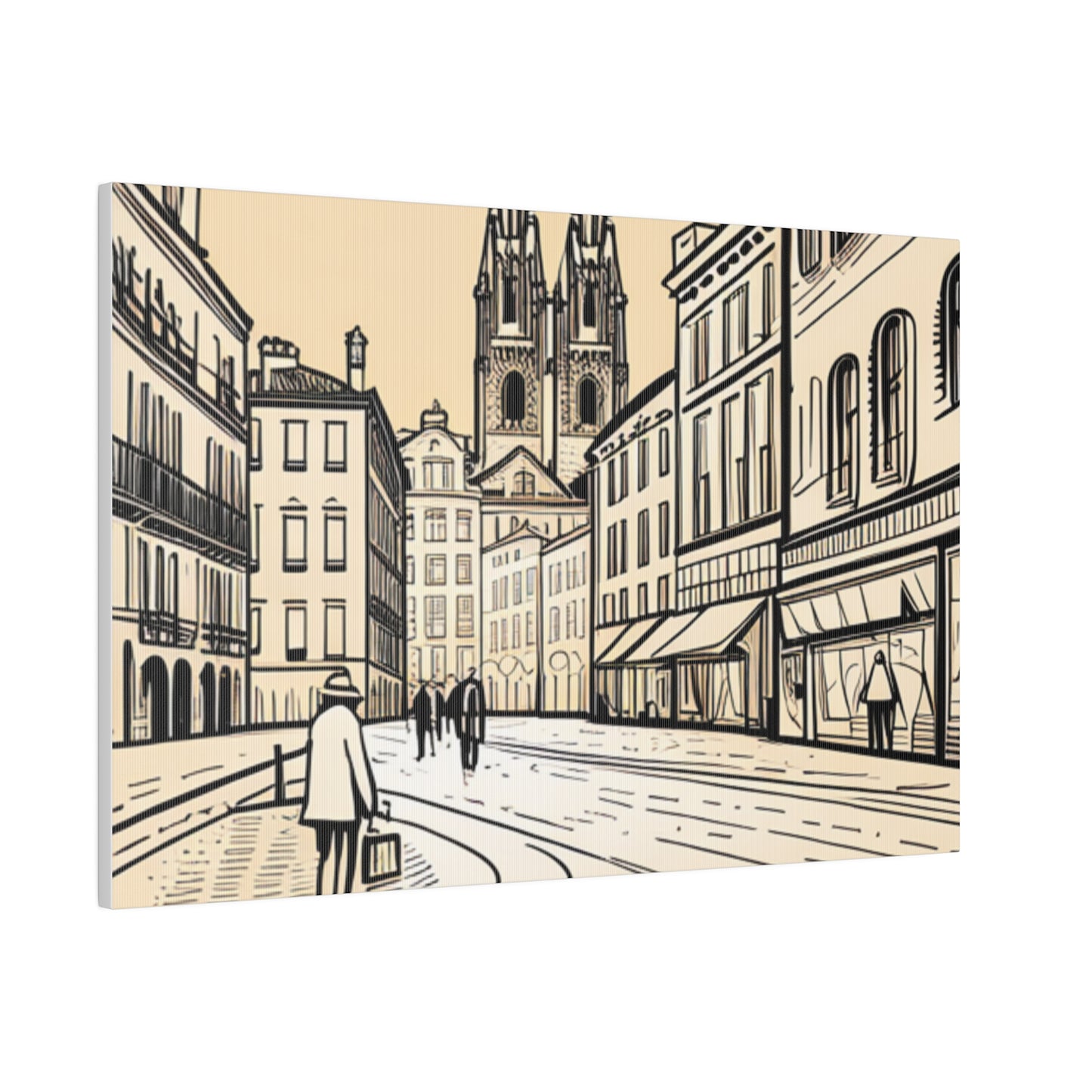 Cobblestone Echoes: Matte Canvas Stretched Print of a European City Center