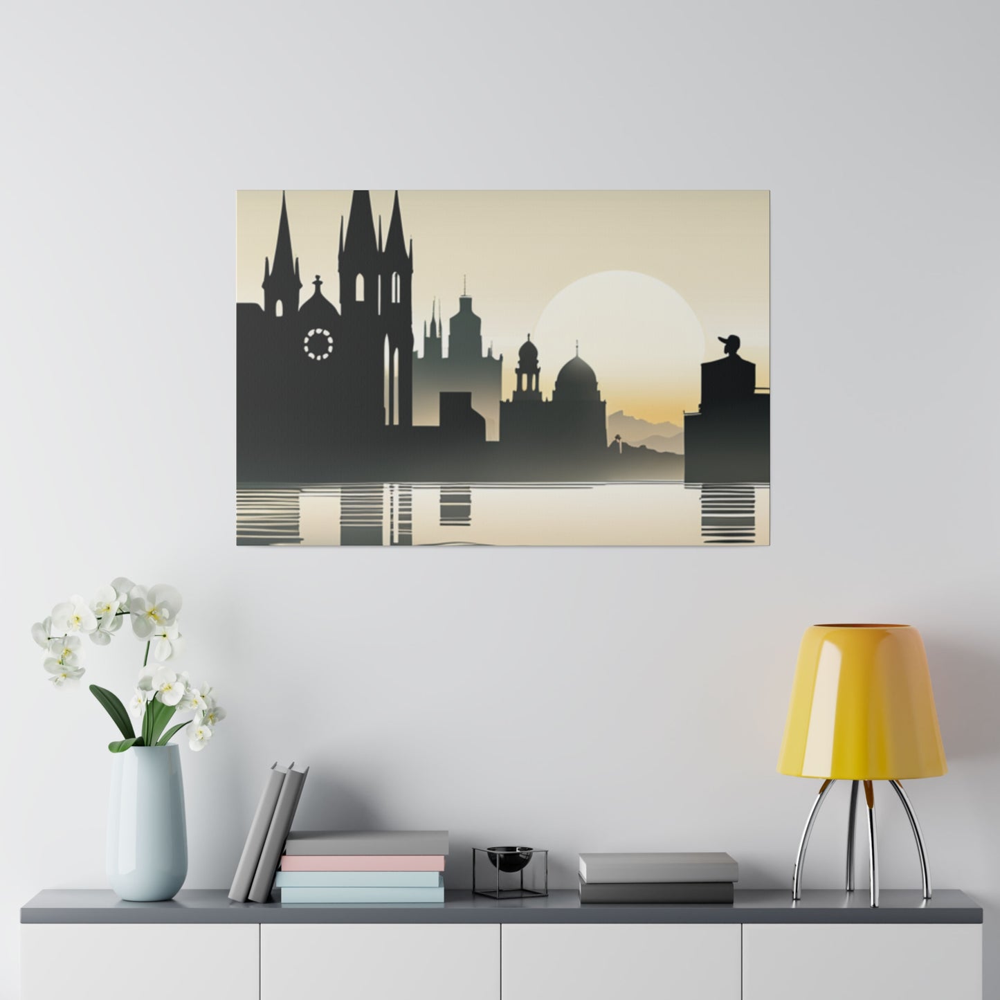 Riverside Reflections Urban Skyline on Matte Canvas