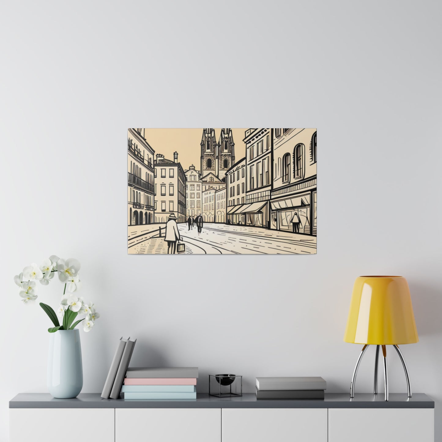 Cobblestone Echoes: Matte Canvas Stretched Print of a European City Center