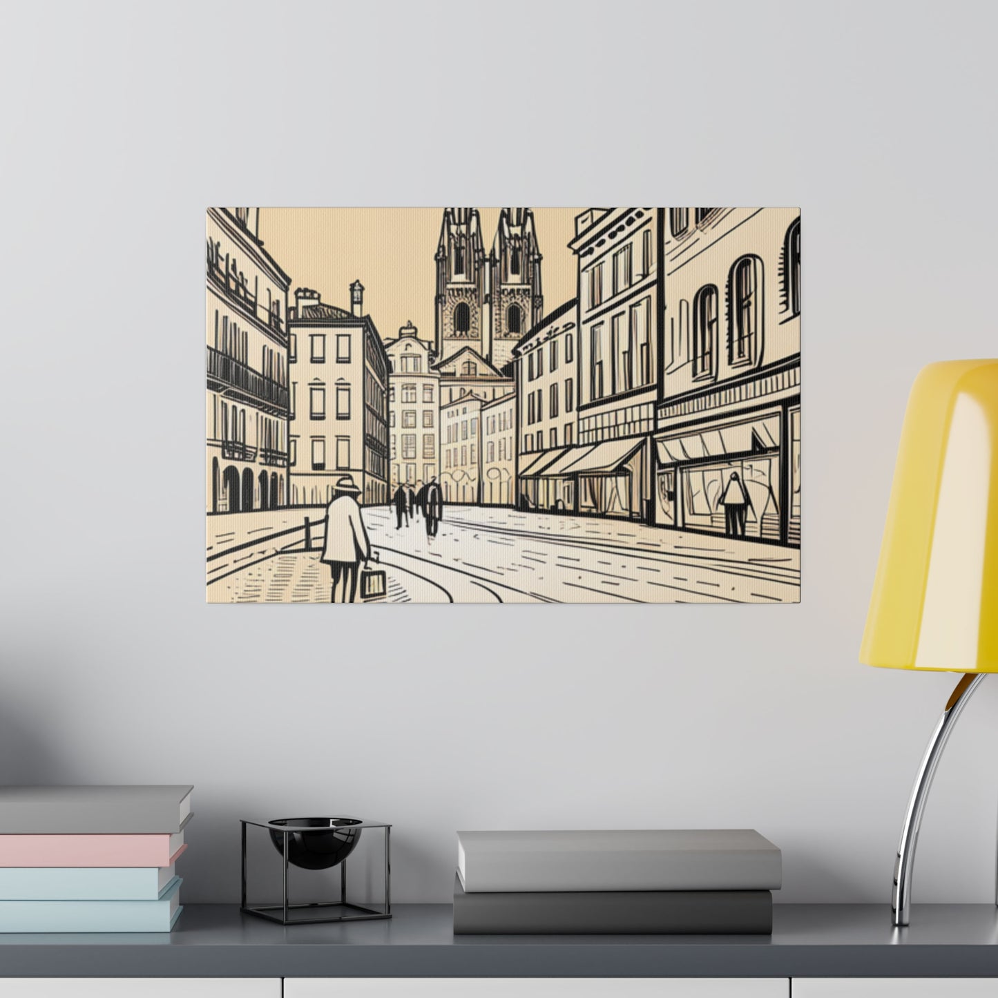 Cobblestone Echoes: Matte Canvas Stretched Print of a European City Center