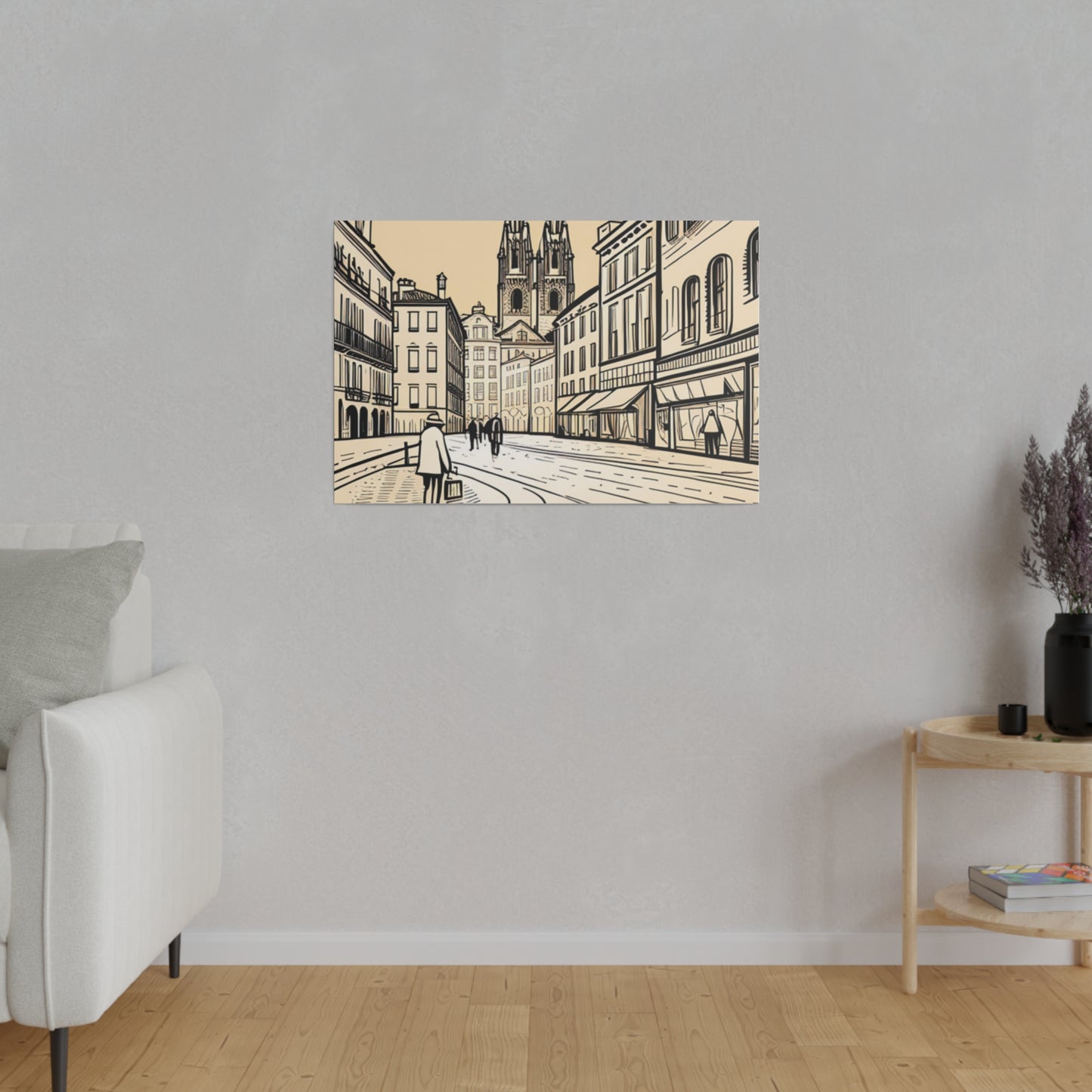 Cobblestone Echoes: Matte Canvas Stretched Print of a European City Center