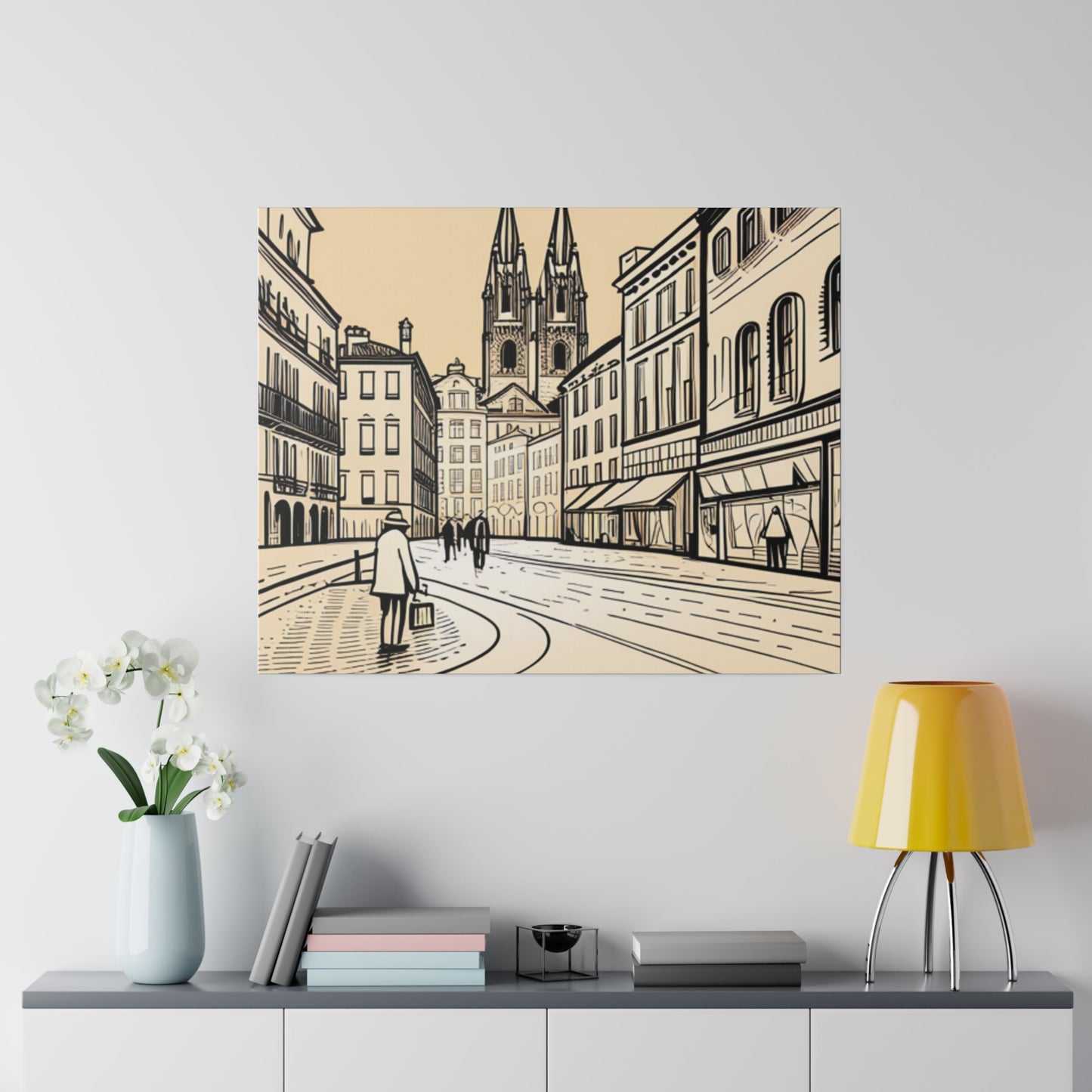 Cobblestone Echoes: Matte Canvas Stretched Print of a European City Center