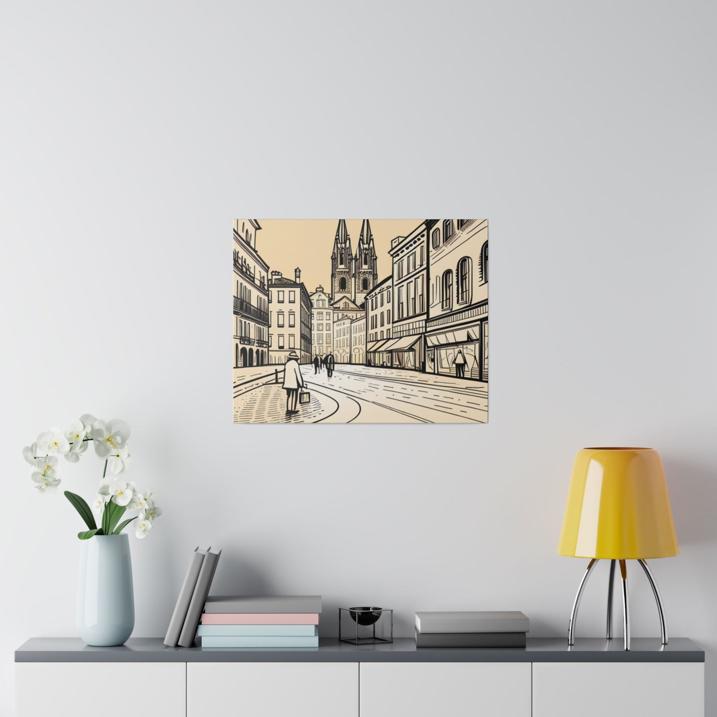 Cobblestone Echoes: Matte Canvas Stretched Print of a European City Center