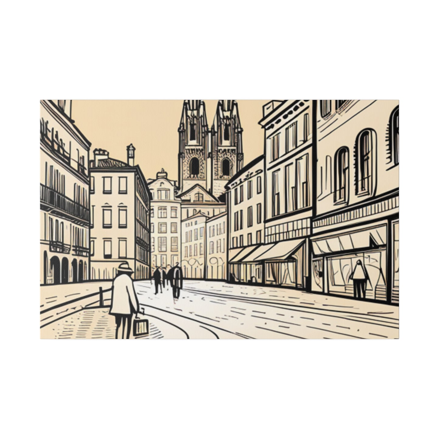 Cobblestone Echoes: Matte Canvas Stretched Print of a European City Center