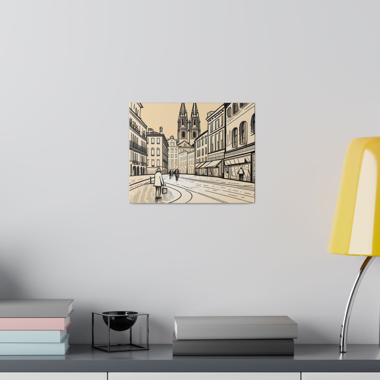 Cobblestone Echoes: Matte Canvas Stretched Print of a European City Center