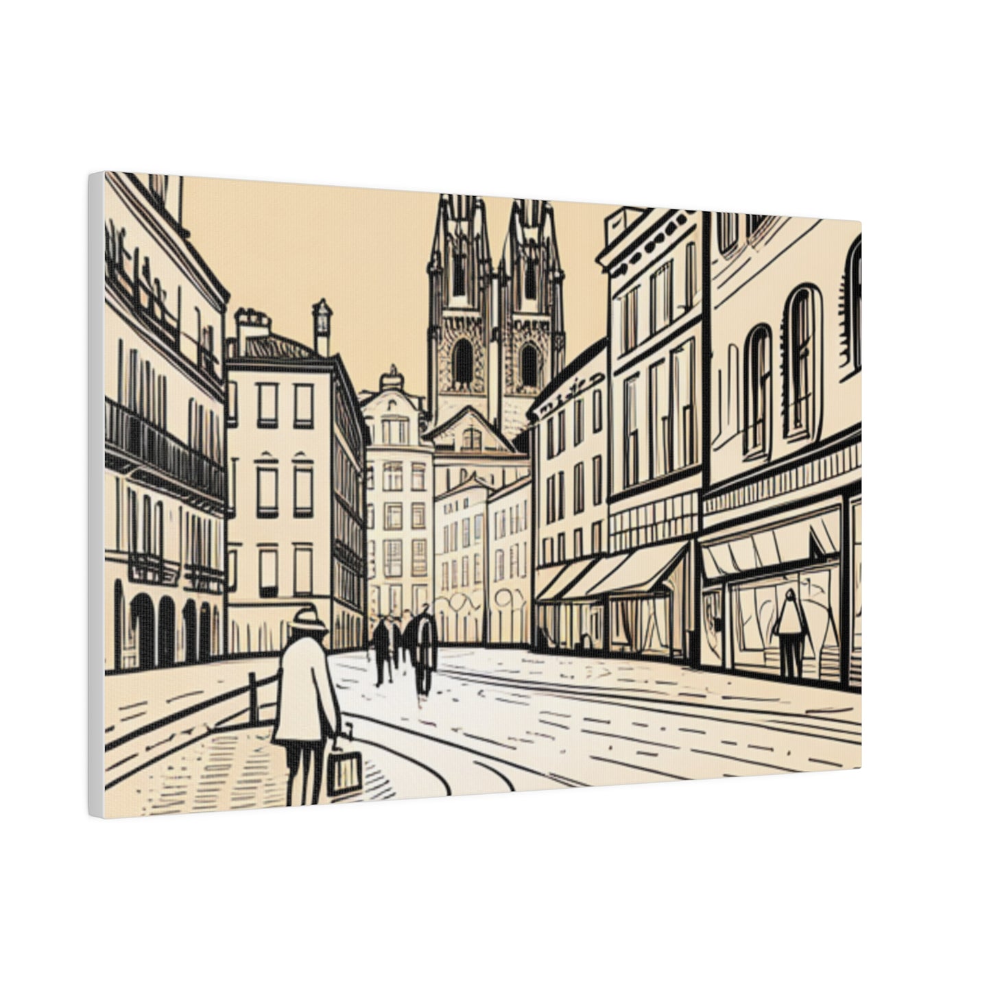 Cobblestone Echoes: Matte Canvas Stretched Print of a European City Center