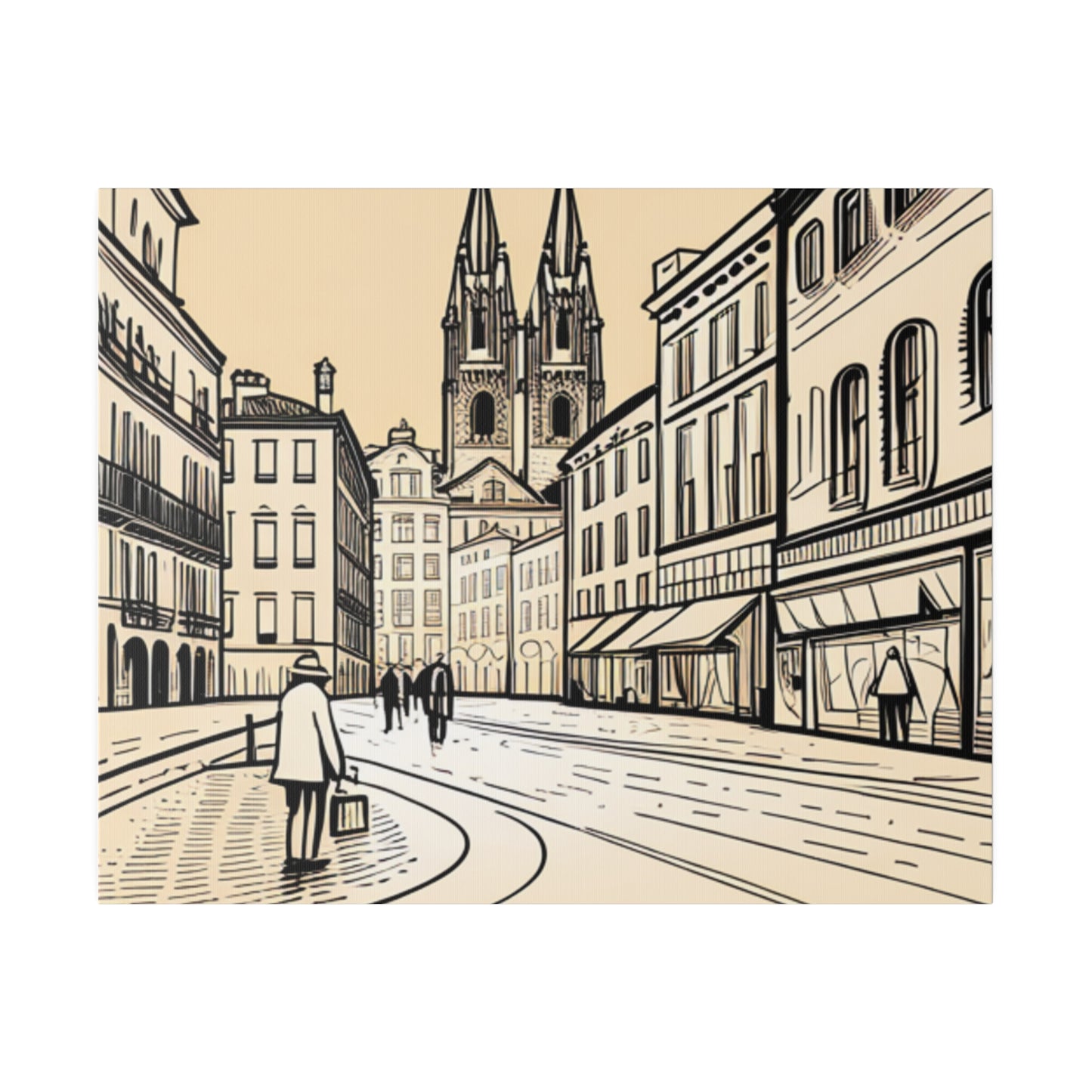 Cobblestone Echoes: Matte Canvas Stretched Print of a European City Center