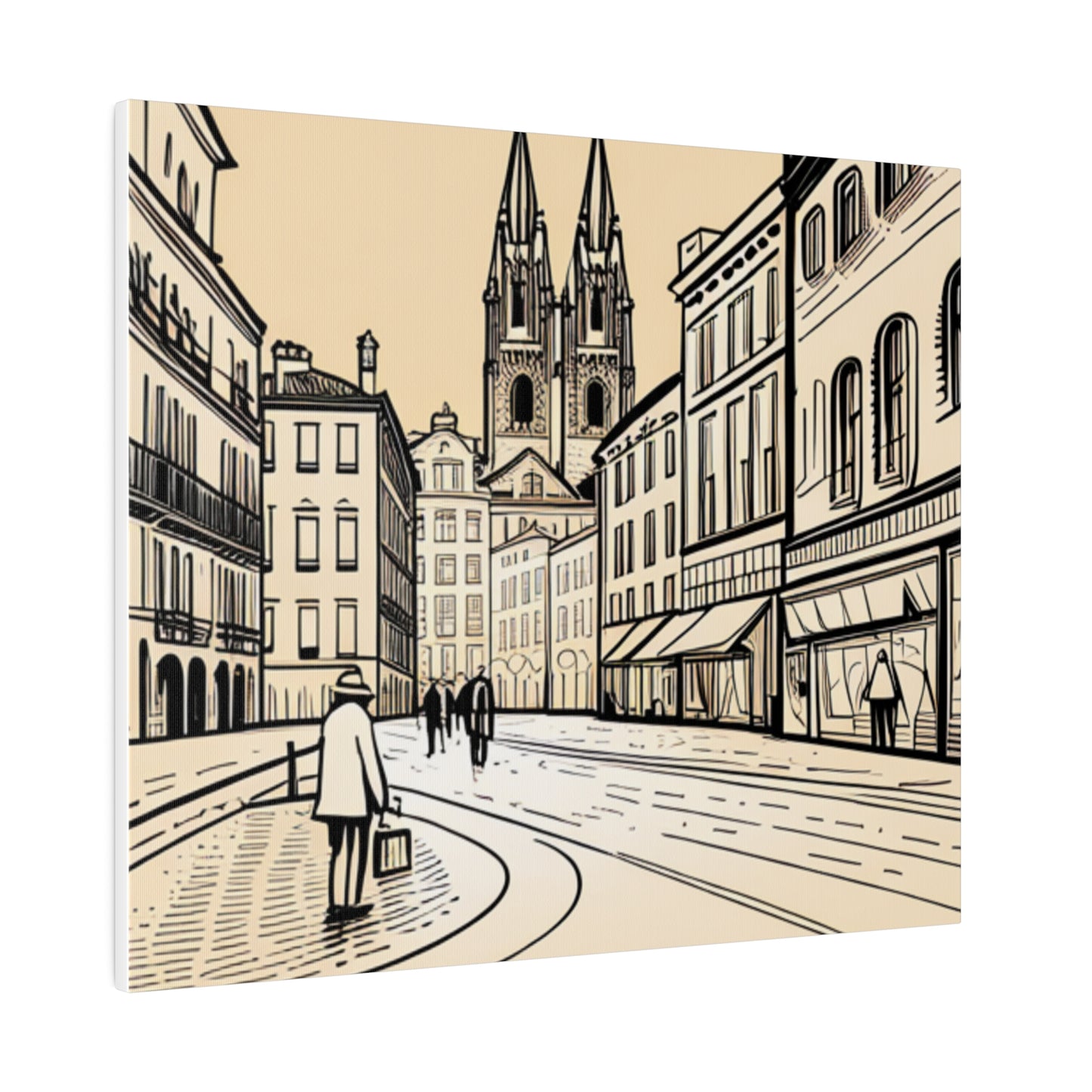 Cobblestone Echoes: Matte Canvas Stretched Print of a European City Center