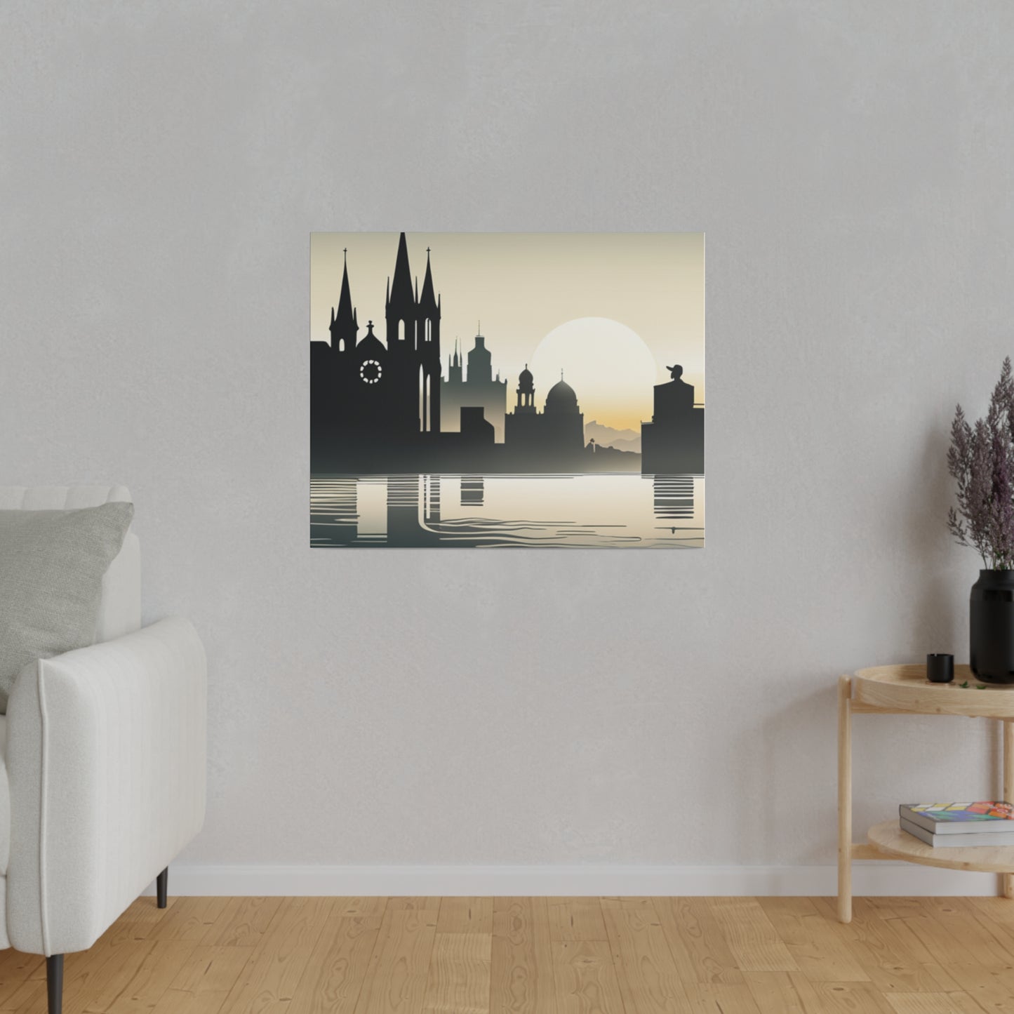 Riverside Reflections Urban Skyline on Matte Canvas