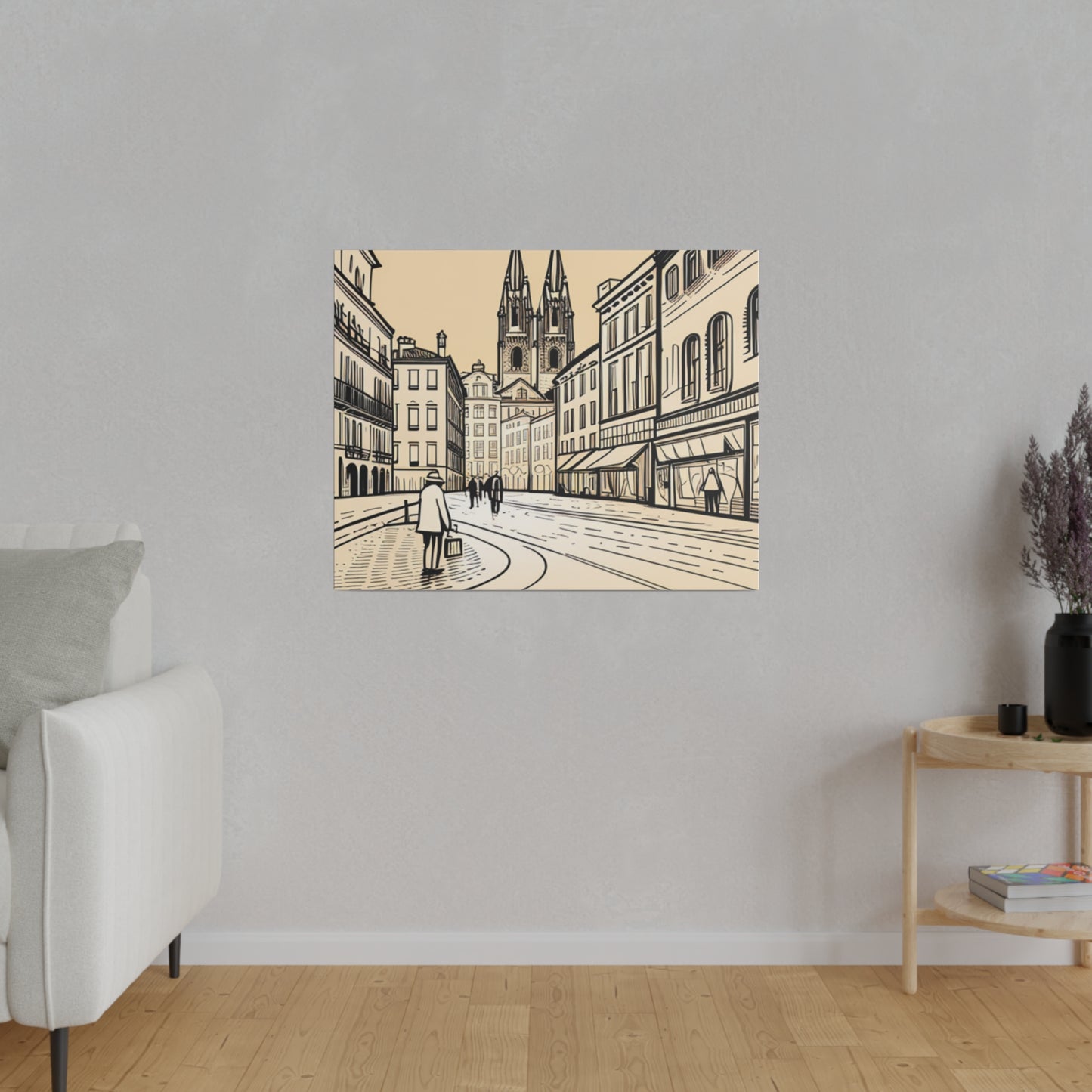 Cobblestone Echoes: Matte Canvas Stretched Print of a European City Center