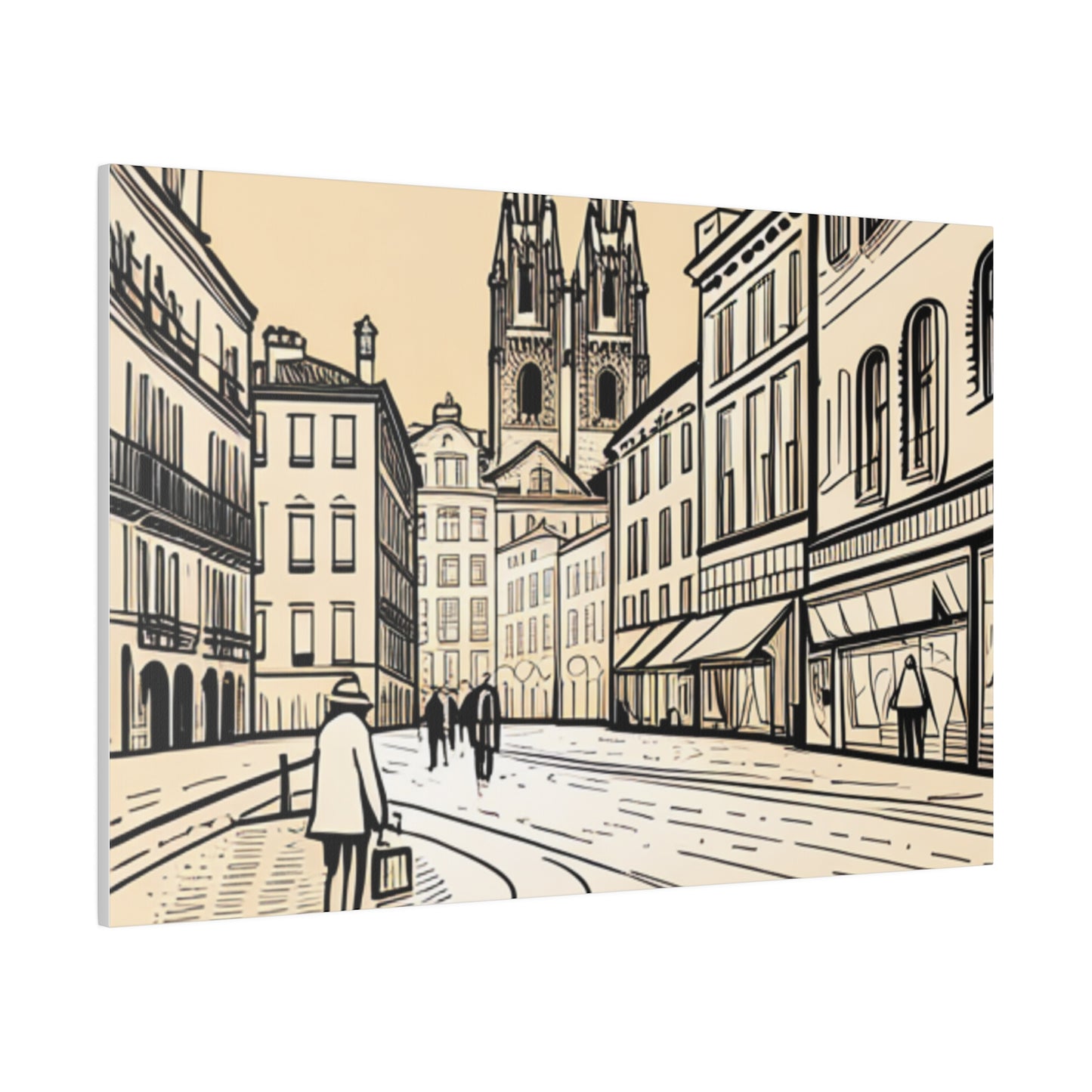 Cobblestone Echoes: Matte Canvas Stretched Print of a European City Center